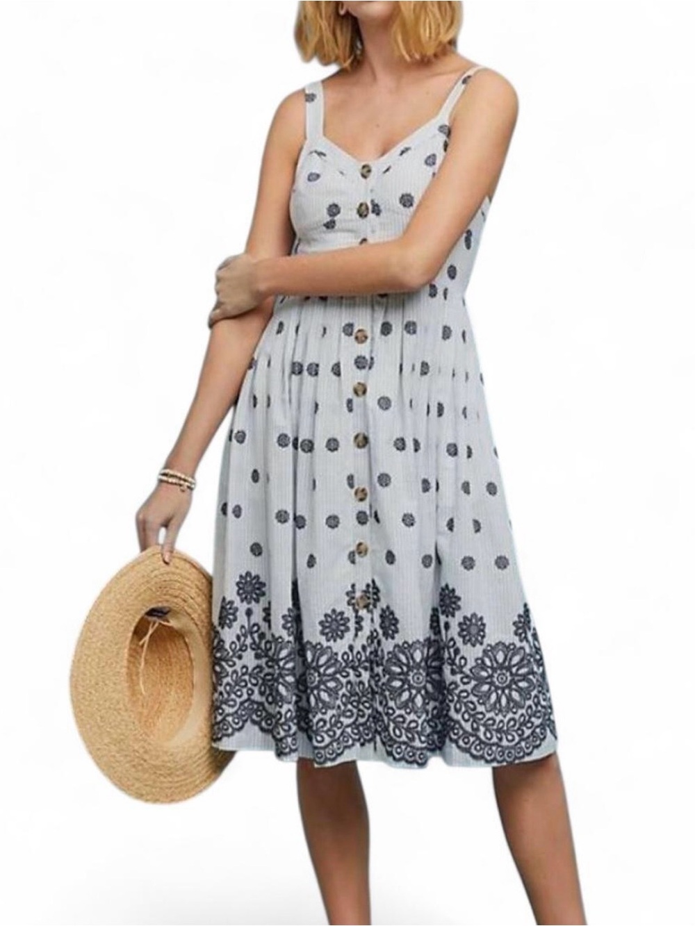 Anthropologie Maeve Savoy white + light blue striped midi dress. Sz. 0P